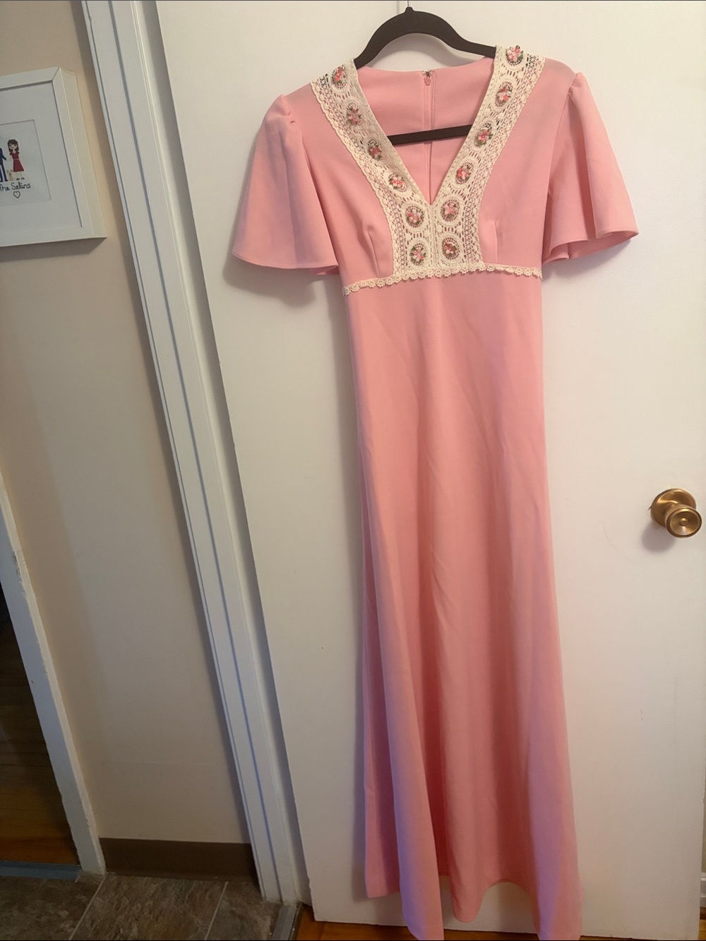 Nu Mode vintage 1970s pink empire waist maxi dress with flutter sleeves